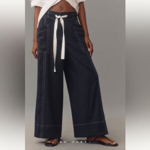Anthropologie Black Wide Leg Pants with White Tie